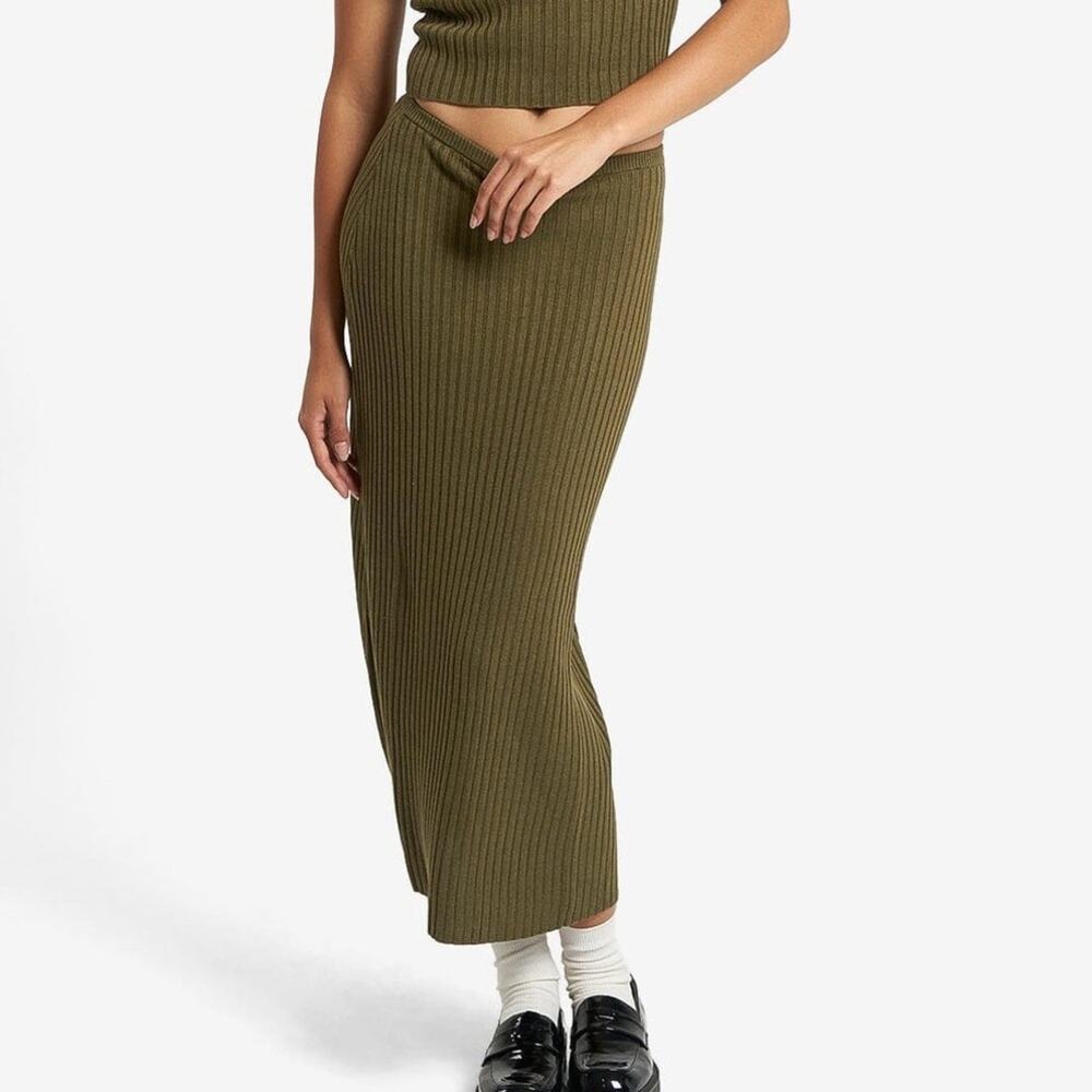 Thrills Bronte Olive Green Ribbed Knit Stretch Midi Skirt Size 10
